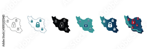 A series of six stylized maps of Iran, illustrating cybersecurity and network security concepts with padlock and shield icons, showing different states of protection and connectivity.