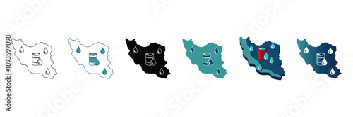 Vector illustration of Iran's map featuring water shortage and drought symbols across different design variations, highlighting environmental concerns and water crisis.