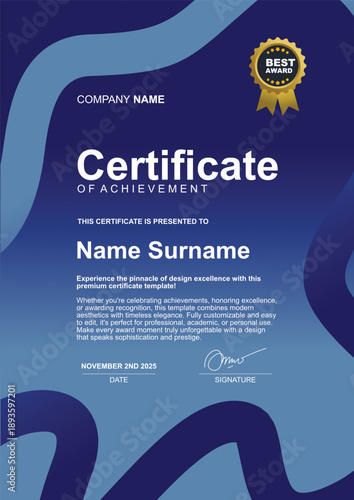 Certificate of Achievement Template with Blue Wavy Design and Gold Seal.