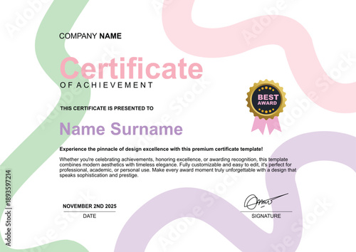 Certificate of Achievement Template with Pink and Green Design Elements.