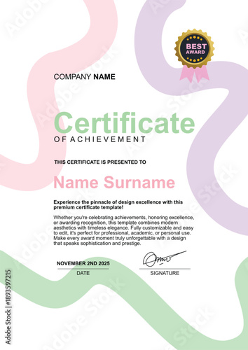 Certificate of Achievement Template with Pink and Green Accents.