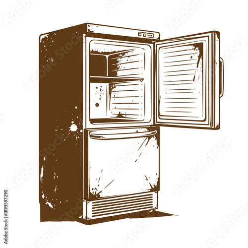 Vintage Grunge texture Vintage style illustration of a refrigerator with open freezer door and empty compartments on white background
