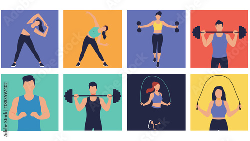Collection of diverse people engaged in various fitness activities and workouts, including stretching, weightlifting, and cardio.