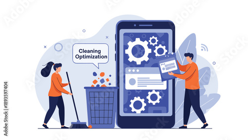 People optimizing and cleaning a giant smartphone, removing digital junk and adjusting settings to improve mobile performance.