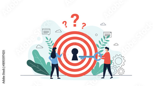 Man and woman collaborating to unlock a target with a giant key, symbolizing problem-solving, finding solutions, and teamwork.