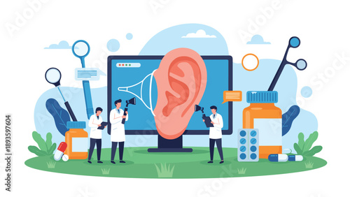 Medical concept of otolaryngology with tiny doctors examining a large human ear, representing hearing tests and ear treatment.