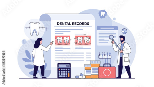 Dentists analyzing a patient's dental records and x-rays, illustrating a concept of dental care, diagnosis, and treatment planning.