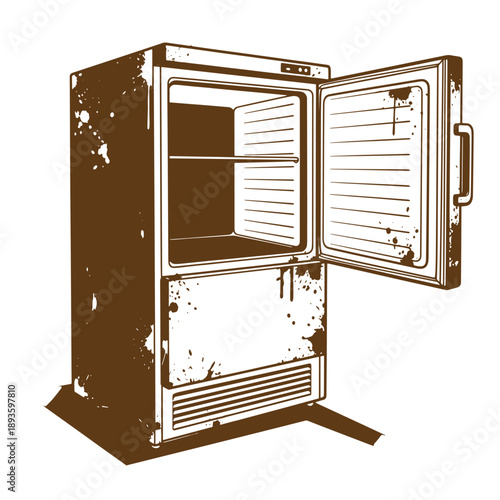 Vintage Grunge texture Vintagestyle illustration of an open refrigerator with distressed finish and empty interior  kitchen appliance