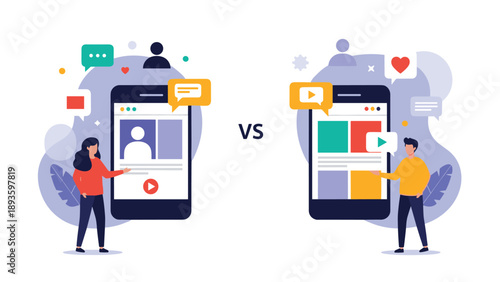 Comparison concept of social media platforms showing two people interacting with different user interfaces for profiles and content feeds.