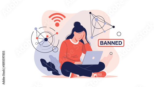 Upset woman with a laptop showing a banned message, illustrating the concept of being blocked online, account suspension, or censorship.
