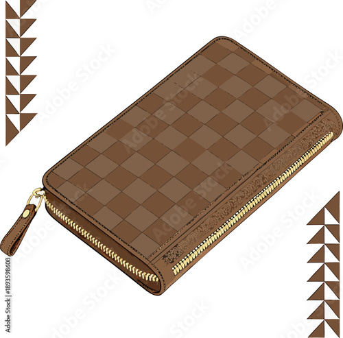 A close-up, studio shot of a closed, rectangular, brown leather wallet with a golden zipper. The wallet is positioned at a slight angle, with its longer side oriented diagonally across the frame. The 