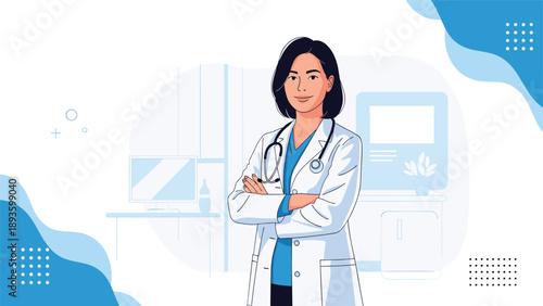 Confident female doctor with a stethoscope and lab coat standing with arms crossed in a modern hospital or clinic office background.
