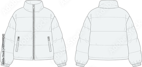 Puffer jacket technical sketch, front and back view, quilted design, zip pockets, fashion outerwear, flat vector illustration