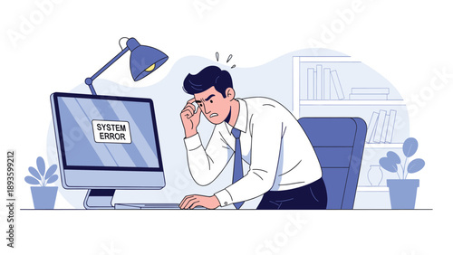 Frustrated businessman looking at a system error message on his computer screen, symbolizing a technical problem or software crash.