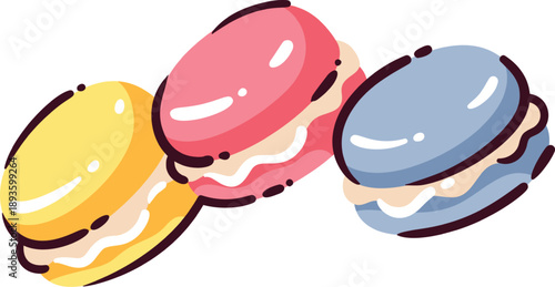 Macaron dessert set with three colorful macarons and cream filling, rounded shapes and bold outlines. French sweet macaron pastry inspired by France cafe culture, outline vector illustration.