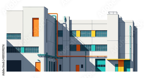 Modern Factory Building with Orange and Yellow Accents, Sleek Industrial Architecture