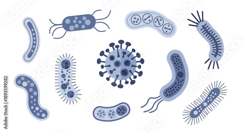 Set of Various Bacteria and Viruses Representing Microorganisms on Isolated White Background