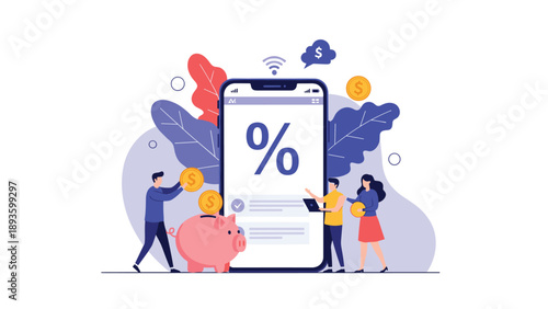 People using a mobile banking app for savings and investments, showing a large percentage sign and a piggy bank with coins.