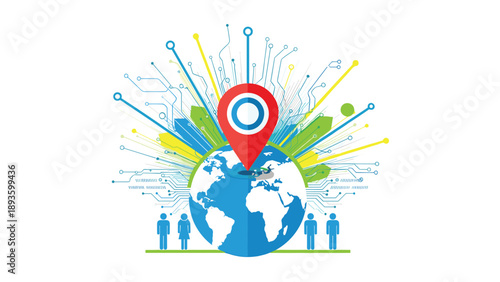 Global location and community concept with a map pin on the earth, surrounded by people icons and digital technology circuits.