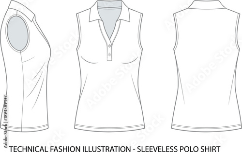 Sleeveless polo shirt technical sketch, front side back view, button placket, dart details, fashion design, flat vector illustration