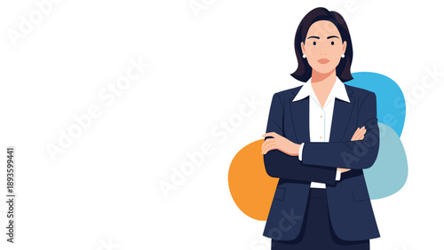 Confident businesswoman in a professional suit standing with arms crossed, with a modern abstract background and copy space for text.