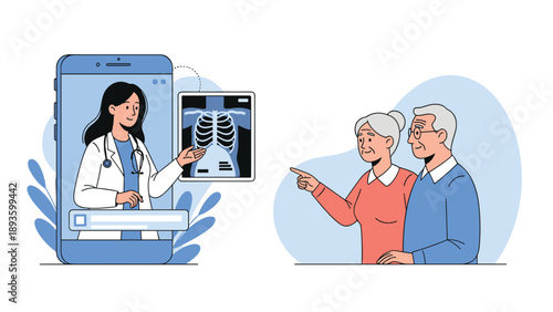 Elderly couple having an online medical consultation with a doctor via a smartphone app, discussing a chest x-ray remotely.