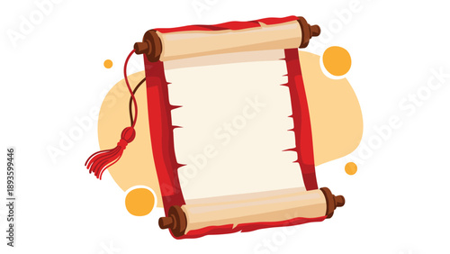 Ancient red and beige paper scroll with a tassel, unrolled to reveal a blank space for a message, certificate, or announcement.