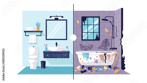 Before and after comparison of a bathroom renovation, showing the transformation from a dirty, old room to a clean, modern one.