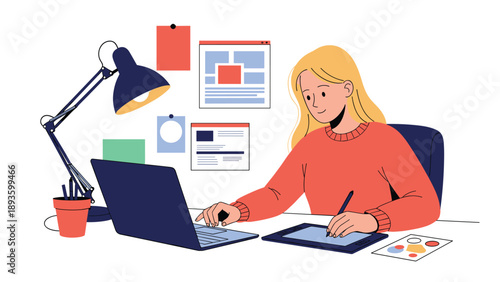 Young female graphic designer working at her desk with a laptop and drawing on a digital tablet with a stylus pen.