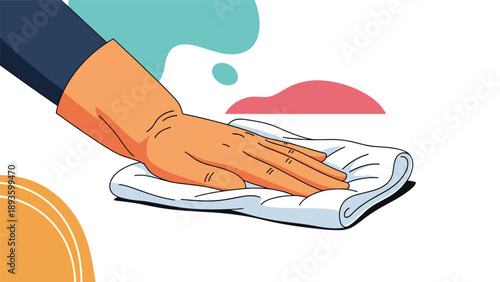 Close-up of a hand in a rubber glove wiping a surface with a white cloth, illustrating a concept of cleaning and hygiene.