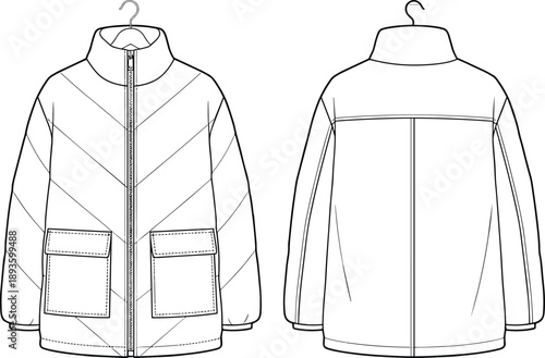 Technical fashion sketch, padded jacket front and back view, quilted outerwear, garment design, winter coat, flat vector illustration