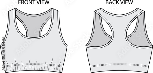 Sports bra technical sketch, front and back view, racerback, scoop neckline, elastic band, flat vector illustration