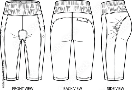 Technical sketch of cycling shorts, front back side view, padded crotch, seam details, activewear design, flat vector illustration