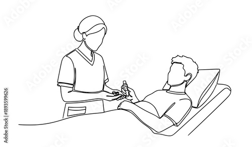 Single line art of nurse administering medicine to patient hospital care concept
