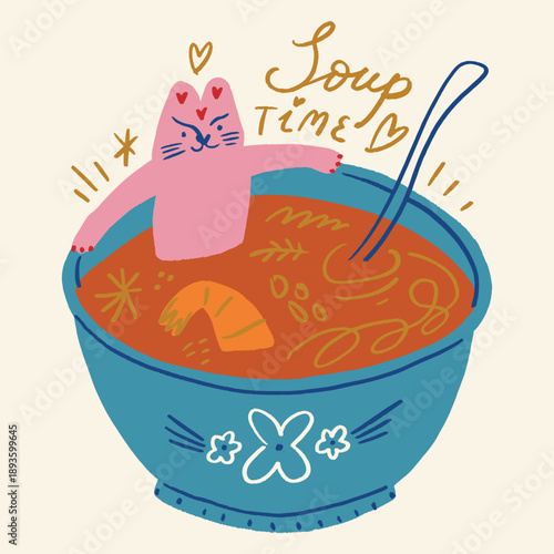 Cute cat eating seafood shrimp soup with hand lettering sign, kitten funny cooking concept in a trendy minimalistic Scandinavian childish dry brush style. Vector illustration. Asian tom yum or Finnish