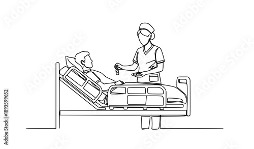 Continuous one line drawing of nurse giving medication to patient inpatient care concept