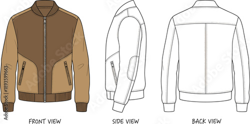 Three-view jacket technical sketch, front side back view, two-tone design, zip pockets, fashion outerwear, flat vector illustration