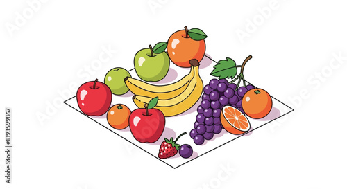 Colorful assortment of fresh, ripe fruits including apples, bananas, grapes, oranges, and strawberries, isolated white background.