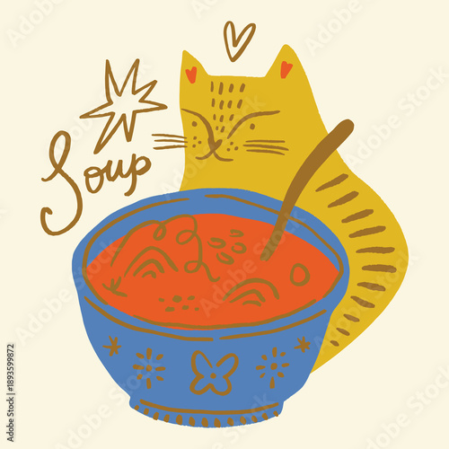 Cute cat eating seafood shrimp soup with hand lettering sign, kitten funny cooking concept in a trendy minimalistic Scandinavian childish dry brush style. Vector illustration. Asian tom yum or Finnish