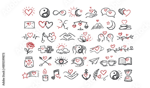 Hand Drawn Minimalist Love and Relationship Icons Set - Scribble Heart, Romantic Doodles, Wedding Elements, and Emotional Symbols Collection in Sketch Style