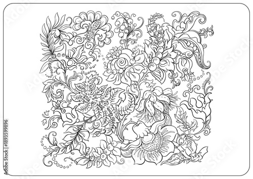 Floral coloring pages with paisley motifs, blooming flowers, leaves, curls and buds. Hand drawn vector line art, black and white monochrome illustration for adult and kids coloring.