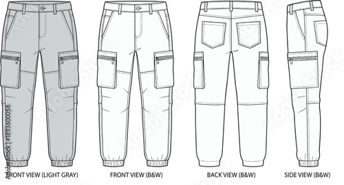 Cargo pants technical sketch, front back side view, flap pockets, elastic cuffs, belt loops, fashion design, flat vector illustration