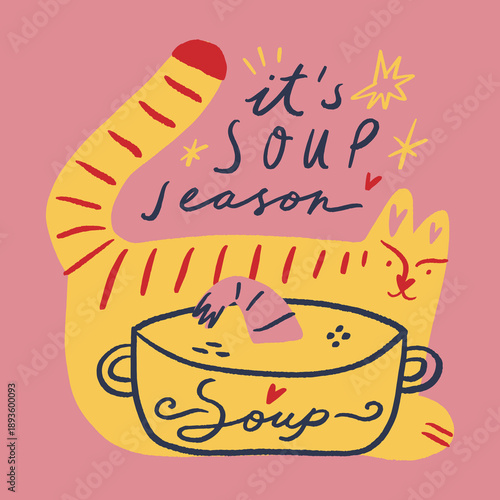 Cute cat eating seafood shrimp soup with hand lettering sign, kitten funny cooking concept in a trendy minimalistic Scandinavian childish dry brush style. Vector illustration. Asian tom yum or Finnish