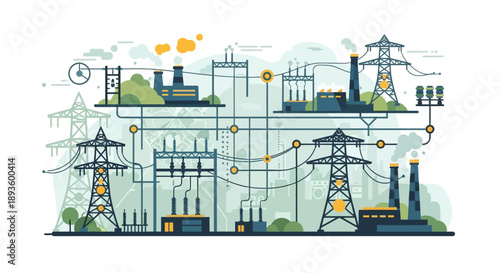Complex electrical grid system with power plants and transmission towers, illustrating energy distribution.