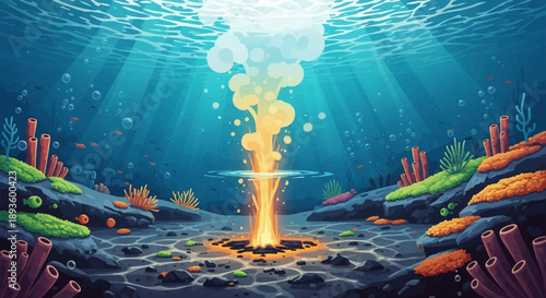 Vibrant underwater scene with coral reef, marine life, and glowing light from the deep seabed.