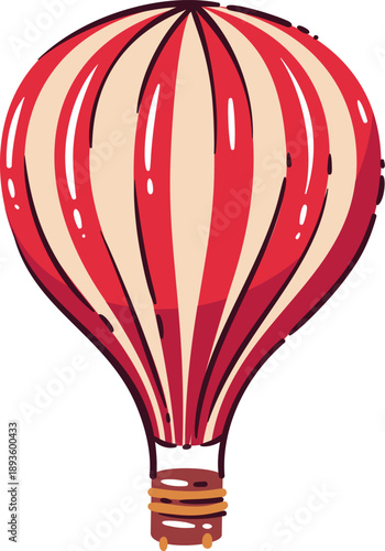 Hot air balloon with red and beige striped envelope and basket. Travel balloon symbol inspired by France and French journeys, hot air balloon theme, vector illustration.