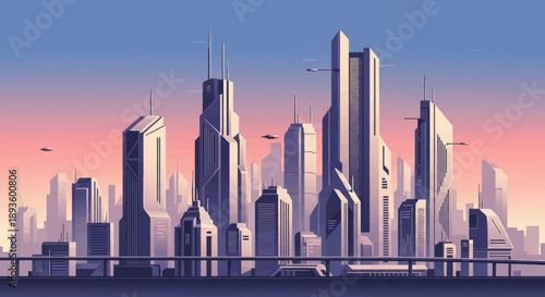 Futuristic Modern Cityscape Skyline with Tall Skyscrapers at Sunset or Sunrise, Urban Architecture