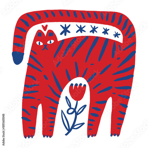 Doodle boho single isolated floral Valentine and anniversary tiger or toyger cat in funky contemporary abstract collage in modern memphis style. Stripes and stars. Vector illustration EPS clip-art for