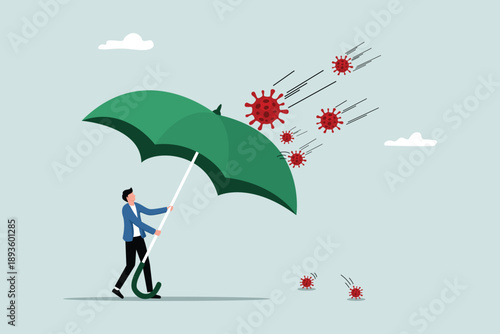 Financial crisis relief policies due to the virus outbreak, the concept of corporate and business survival, and business leaders who take shelter under the big umbrella of the virus pathogen.