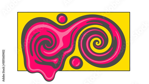 Vibrant Abstract Swirls and Droplets in a Bright Yellow Rectangular Frame